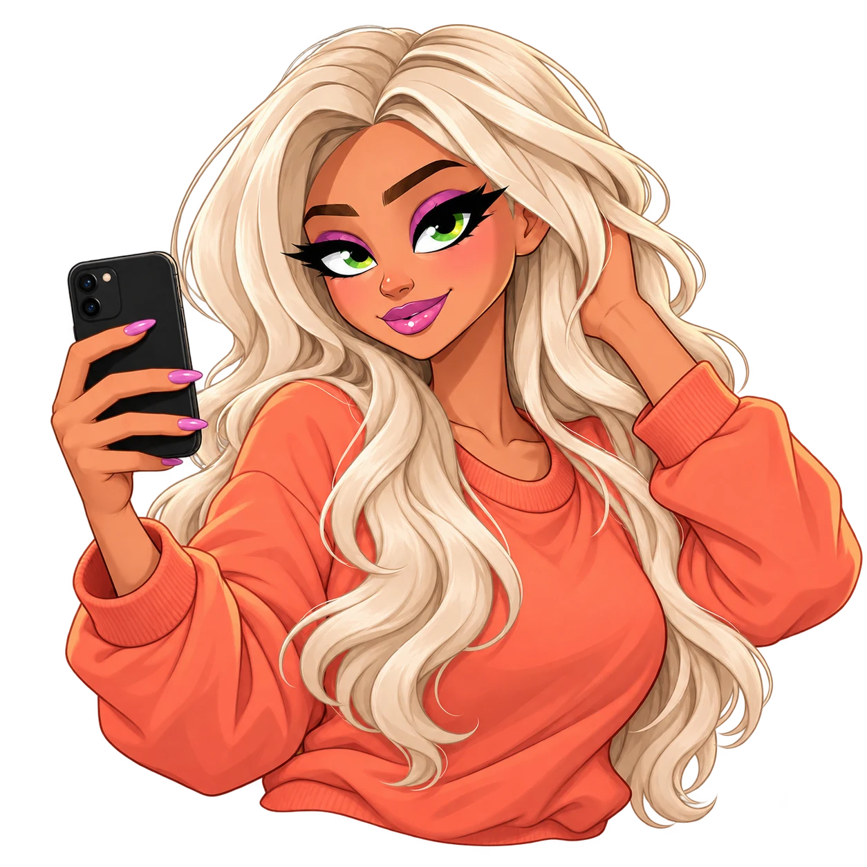 The Hubb character in an orange sweatshirt holding a phone for the music promotion guide