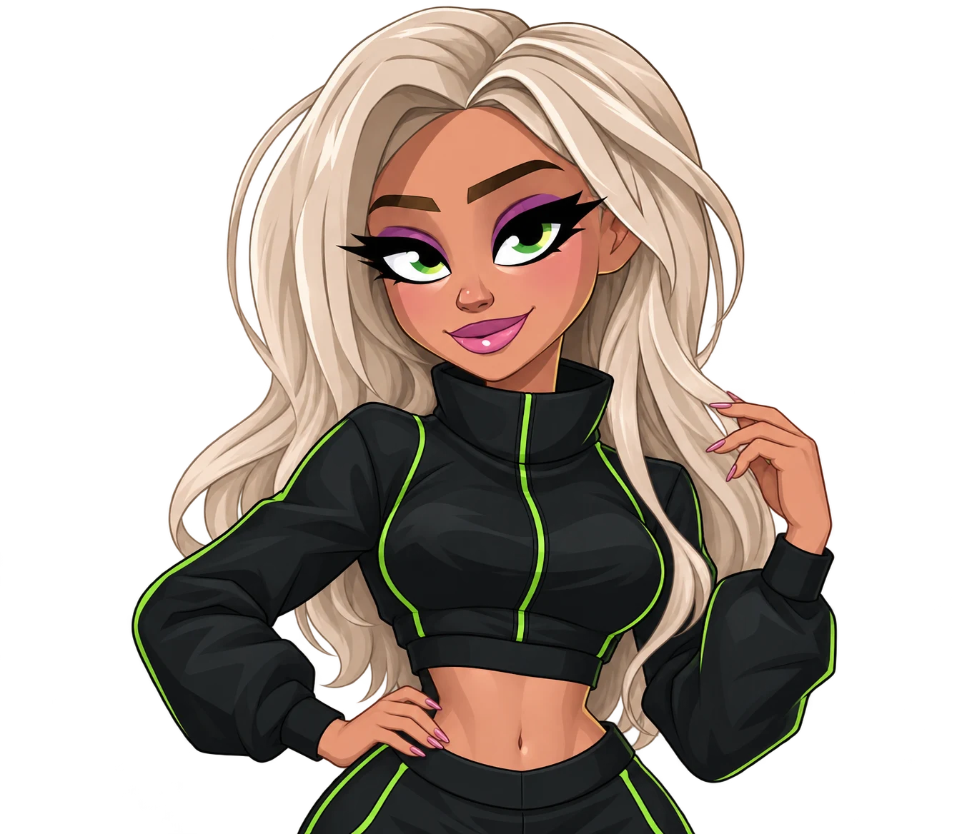 The Hubb character with blonde hair and a black outfit with green trim