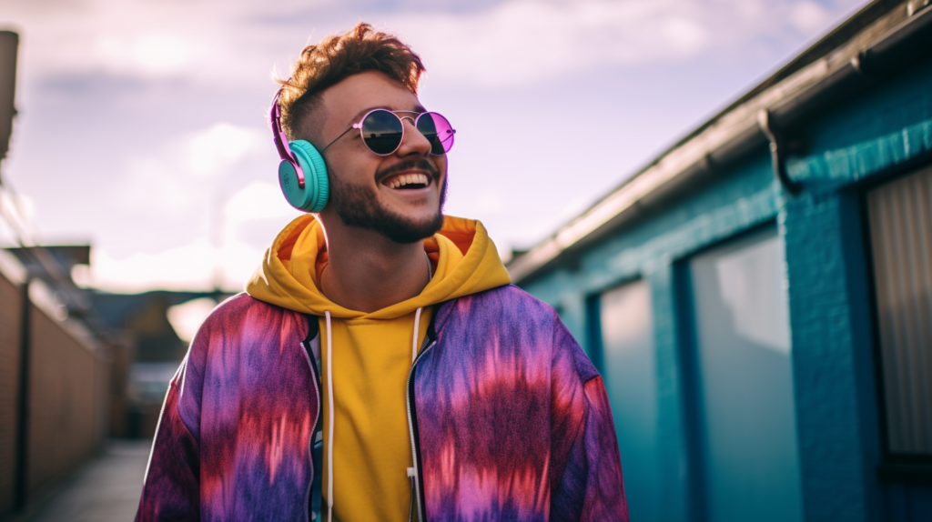 A man in a colorful jacket and sunglasses is smiling.