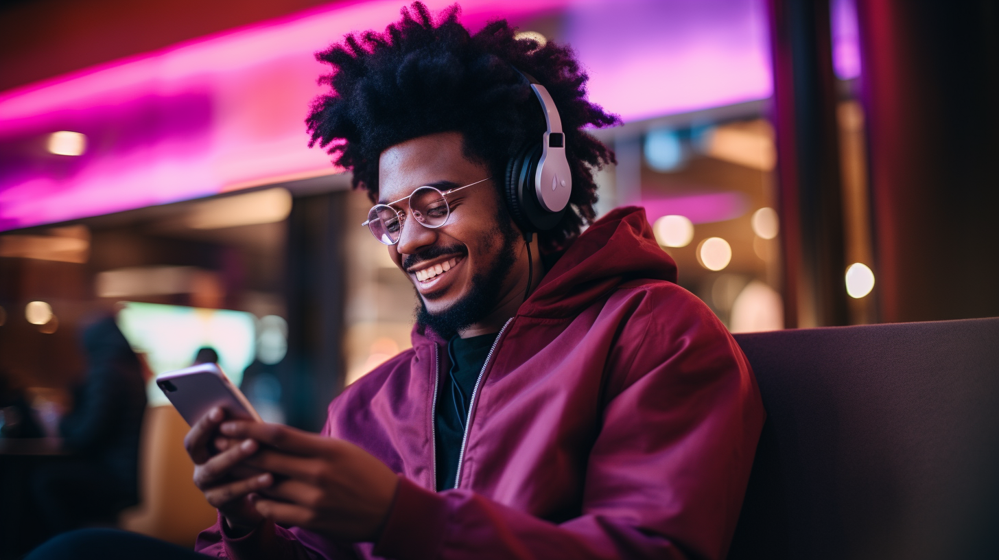 A man wearing headphones and smiling.