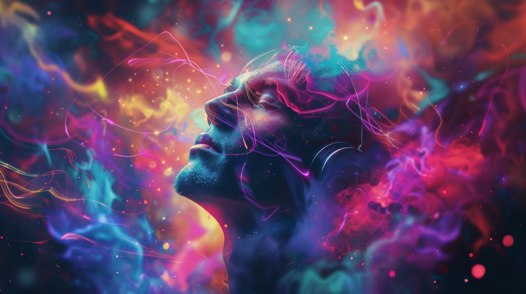 A digital artwork of a person's profile immersed in vibrant, colorful cosmic-like nebulae and flowing light streams.