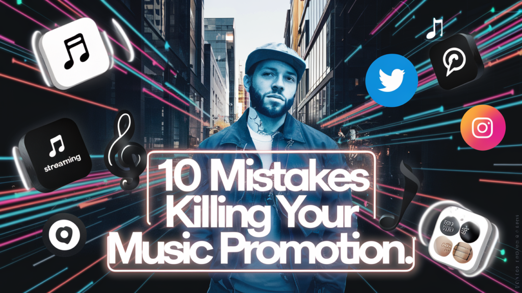 Collage-style graphic with a person in the center, surrounded by social media icons and text reading "10 Mistakes Killing Your Music Promotion.