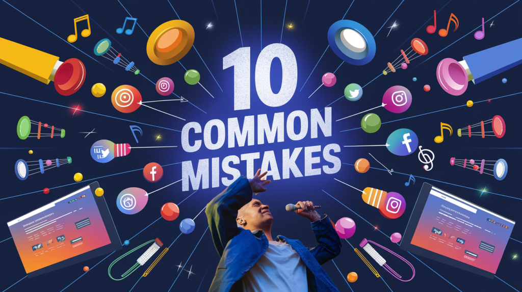 Colorful graphics of social media icons and musical elements surround the text "10 Common Mistakes" with a person holding a microphone at the bottom.