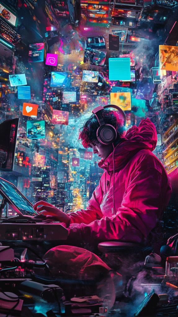 Person in a pink jacket using a computer surrounded by floating digital icons and screens in a vibrant, futuristic cityscape.