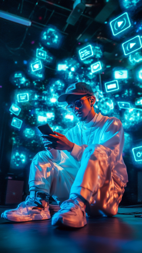 Person in white outfit using a smartphone, surrounded by glowing social media icons, in a dark environment with blue neon lighting.