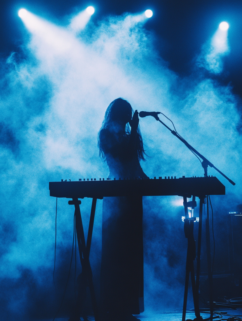 Silhouette of a person standing at a keyboard on stage, surrounded by blue lighting and fog.