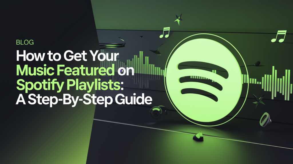 Graphic for a blog titled "How to Get Your Music Featured on Spotify Playlists: A Step-By-Step Guide," featuring Spotify logo and musical notes.