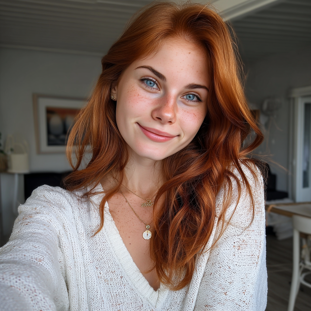 A woman with long red hair and blue eyes wearing a white sweater smiles at the camera in a well-lit room.